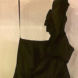 Cold shoulder black satin cocktail dress